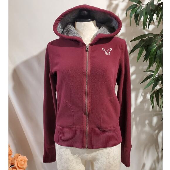 American Eagle Outfitters Tops - Vtg Y2K American Eagle Zip Fleece Hoodie Size M Maroon Red Preppy Cozy Pockets